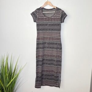 Peruvian Connection XS Cotton Maxi Dress Short Sleeve Print Knit Casual Slits